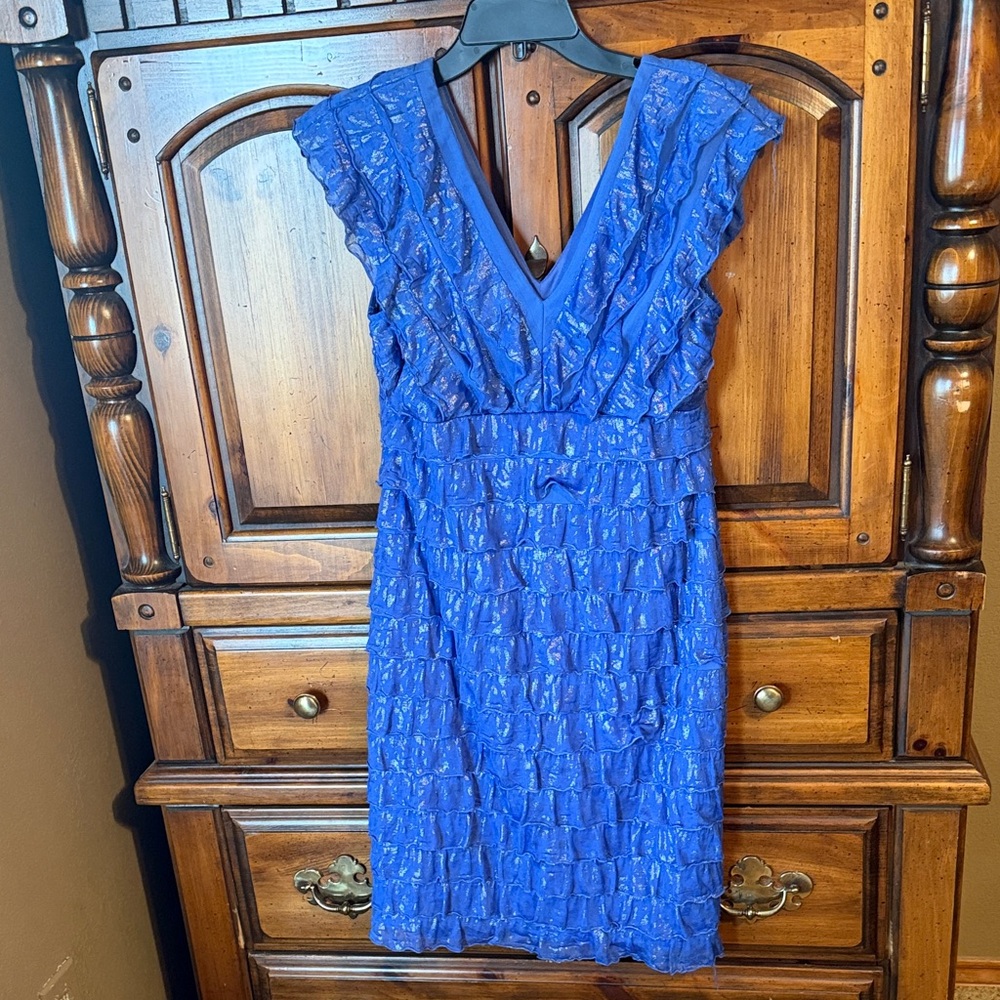 Frank Lyman Design Royal Blue Ruffle V-Neck Midi Dress